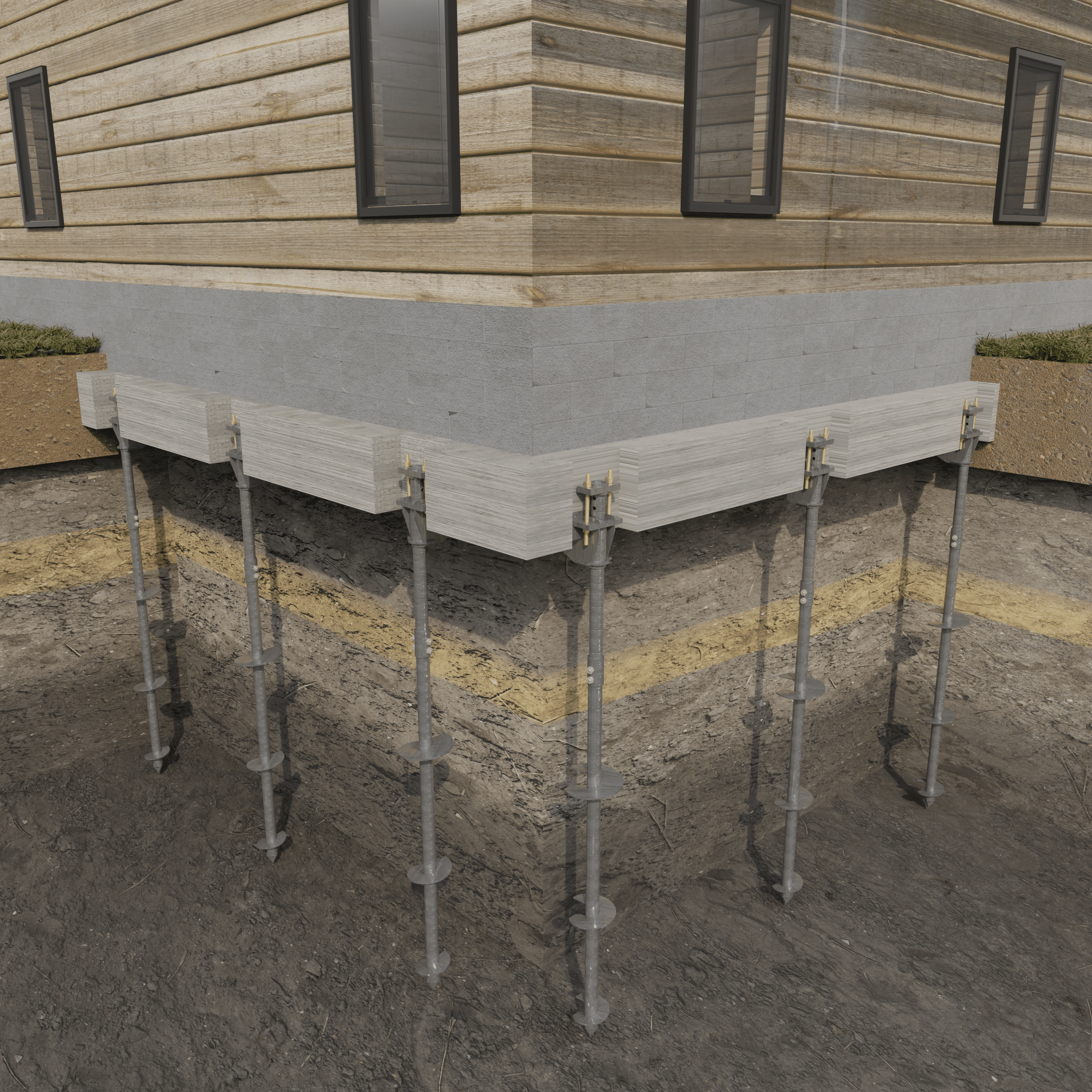 Helical pier system diagram showing how foundation piers stabilize and lift settling homes